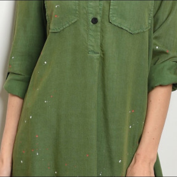 Green Button Front Military Shirt Dress - Picture 4 of 4